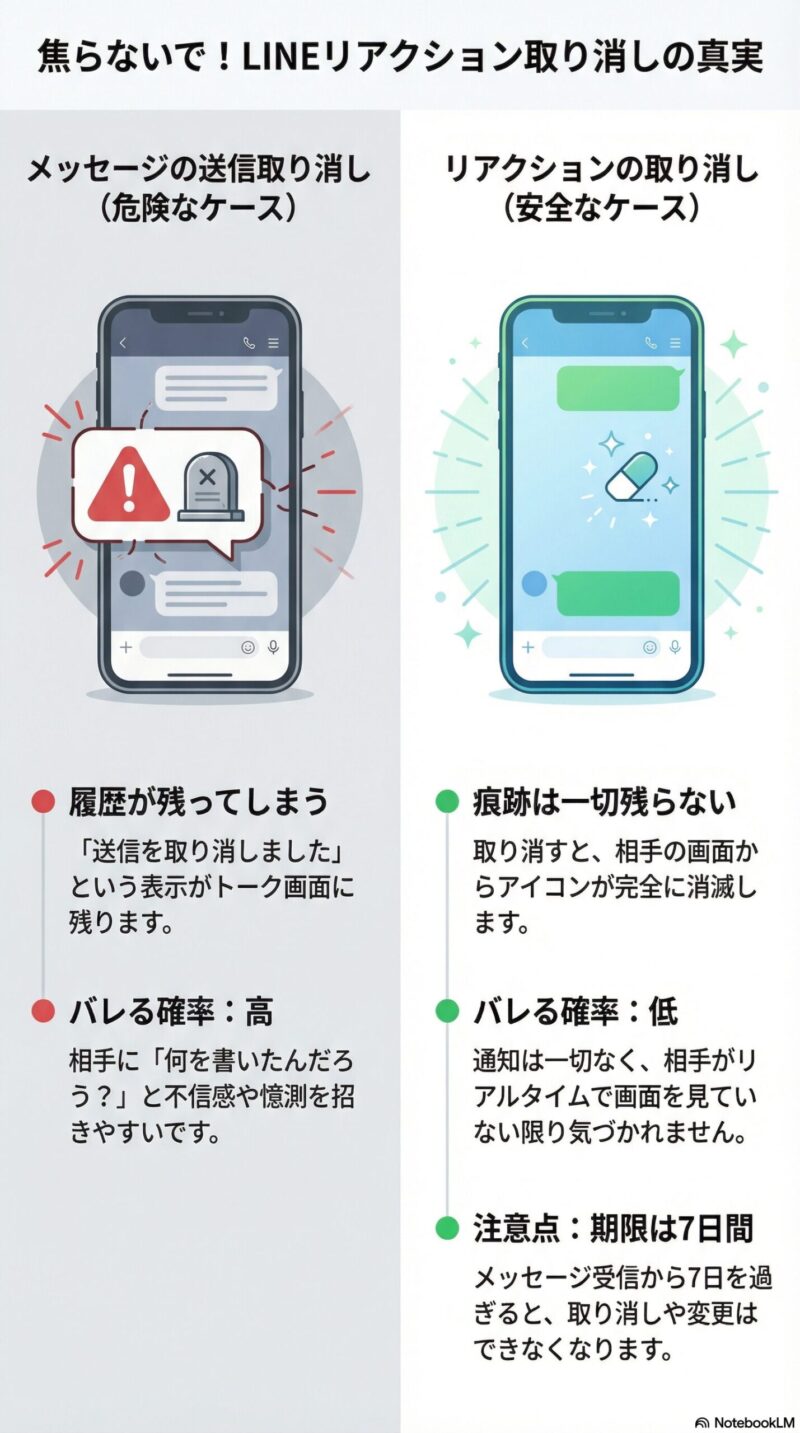 左側はメッセージ送信取り消しの痕跡が残る様子、右側はリアクション取り消しで痕跡が完全に消える様子の比較図。完全犯罪が成立するイメージ。