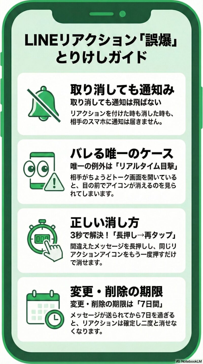 LINEリアクション誤爆の解決マップ。通知はされない、リアルタイム閲覧に注意、3秒で消す方法、7日間の期限の4つのポイントを図解するためのベース画像。