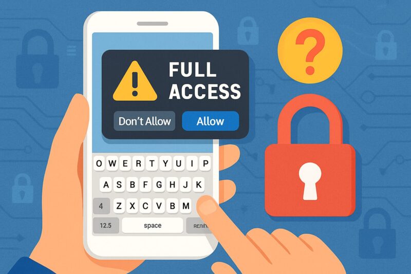 スマートフォン画面に「FULL ACCESS」と警告が表示され、赤い鍵アイコンと黄色のクエスチョンマークが強調されたイラスト