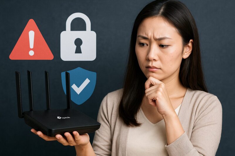 若い東アジア系の女性がTP-Linkのルーターを持ち、眉をひそめて疑問の表情を浮かべている。背景には警告アイコンと鍵のシンボルが配置されている。