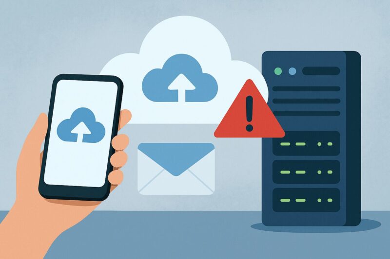 スマートフォンでデータをクラウドにアップロードしている場面。隣には警告マークが表示され、データ漏洩のリスクを示唆している。