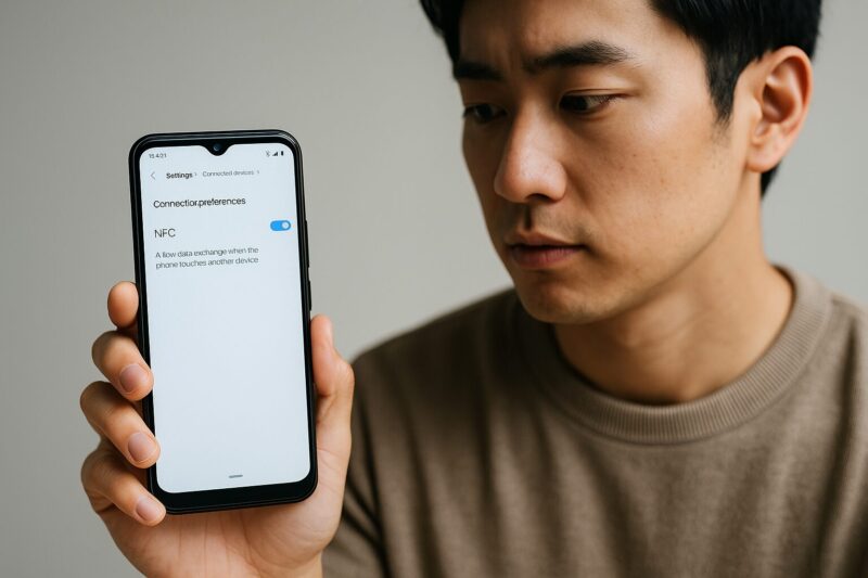 NFC設定画面を確認しながら真剣な表情でスマートフォンを操作する若い日本人女性のクローズアップ。