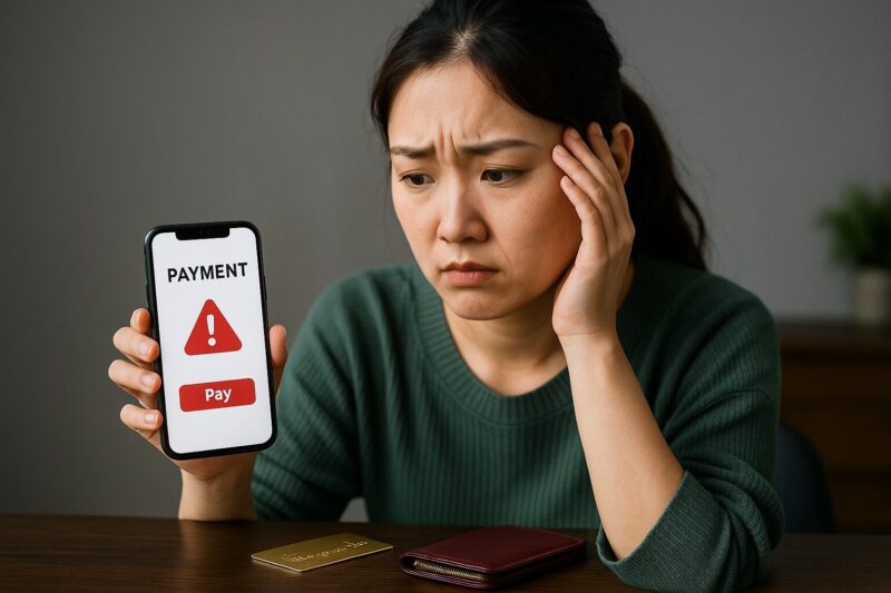 若い東アジア系の女性がスマートフォンを見ながら困惑した表情をしている。画面には「PAYMENT」と赤い警告アイコンが表示されている。