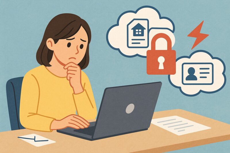 日本人女性がパソコンで住所データや個人情報の情報漏洩リスクを心配しているイラスト風画像