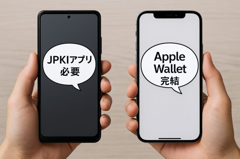 iPhoneとAndroidのスマホが比較され、Apple WalletとJPKIアプリの違いを示す対比画像