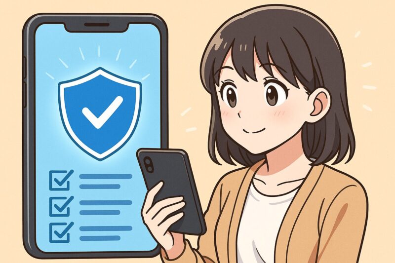 スマートフォンの画面にシールドマークとチェックリストが表示され、安心した表情の日本人女性のアニメ風イラスト