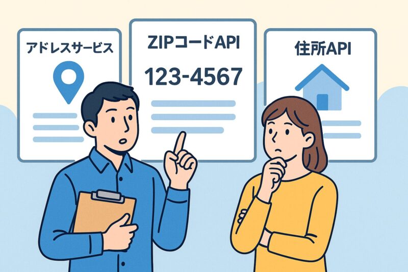 日本人男女がアドレスサービス、ZIPコードAPI、住所APIの違いを比較しているイラスト風画像