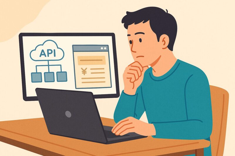 パソコン画面にAPIの構成図と料金表を表示し、料金や使い方を考えている日本人男性のイラスト風画像