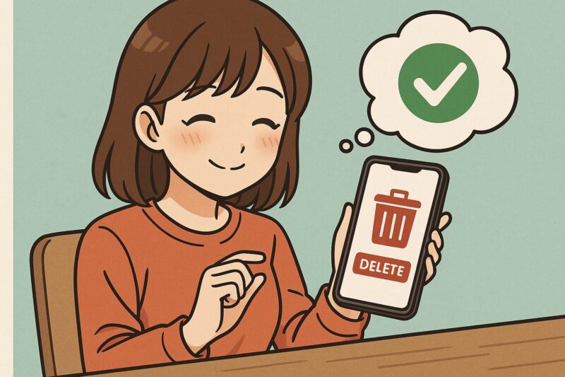 スマートフォンでアプリを削除して安心する日本人女性のアニメ風イラスト