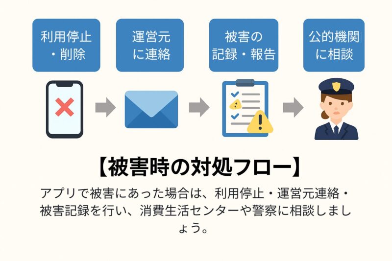 アプリで被害に遭ったときの対処フローを日本語とアイコンで図解。利用停止・削除、運営元への連絡、被害の記録・報告、公的機関(消費生活センター・警察など)への相談までの手順を分かりやすく説明。