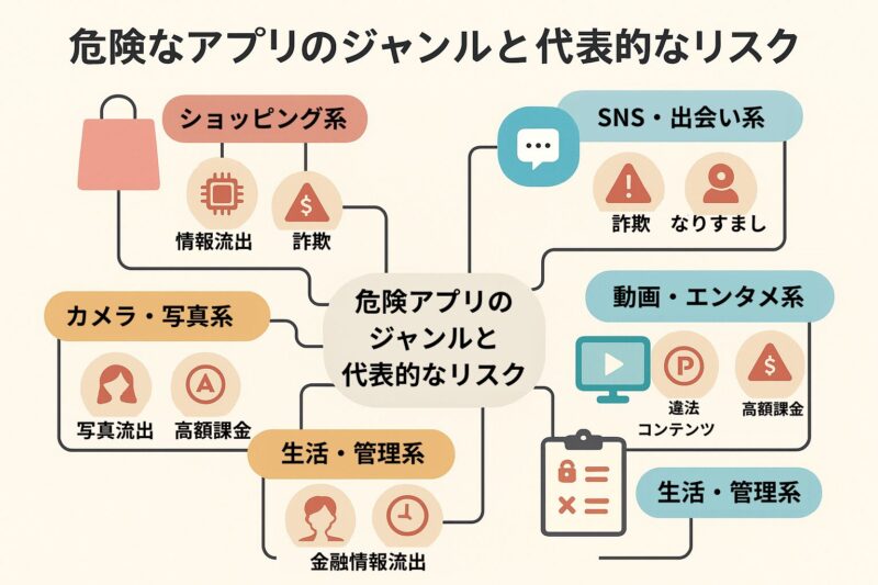 危険なアプリのジャンルと代表的なリスクを図解。ショッピング系、SNS/出会い系、カメラ・写真系、動画・エンタメ系、生活・管理系ごとに、詐欺、情報流出、なりすまし、高額課金などのリスクをアイコンで一覧化。