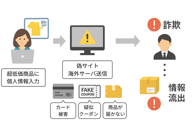 ショッピング系アプリの被害発生フロー図解。ユーザーが激安商品やクーポンにつられて個人情報を入力し、偽サイトや海外サーバーに送信。その結果、偽クーポン詐欺やカード被害、商品が届かないなどのトラブルにつながる流れをイラストで説明。