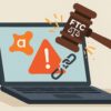 アバストのロゴと警告マークが映るノートPCをFTCの木槌が打ち付け、鎖が砕け散る様子