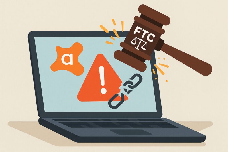 アバストのロゴと警告マークが映るノートPCをFTCの木槌が打ち付け、鎖が砕け散る様子