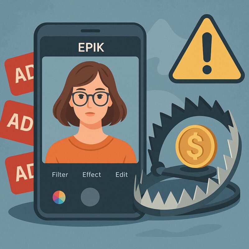 スマートフォンの画面にEpikアプリが表示され、隣に金のコインを挟む罠と警告サインが配置されているイラスト