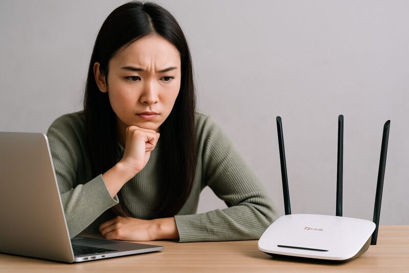 若い日本人女性がTP-Linkのルーターを真剣な表情で見つめている。隣にはノートパソコンが置かれており、製品の信頼性を検証している様子。