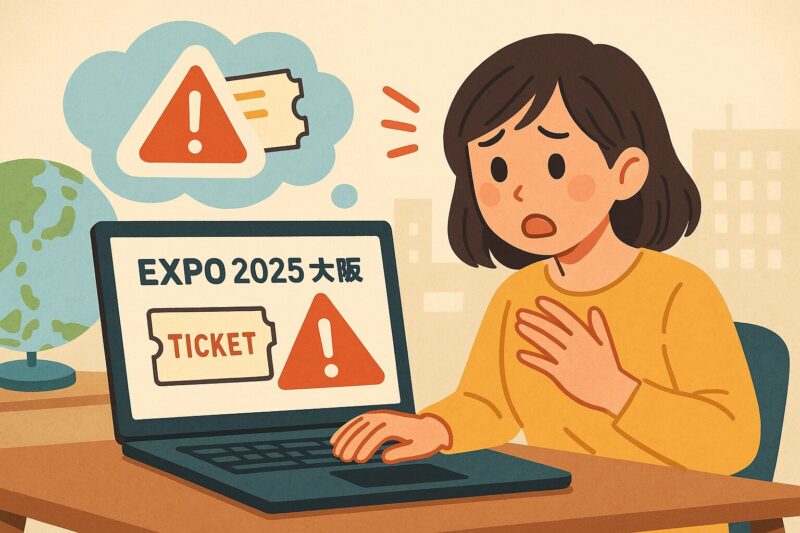 ノートパソコンで万博チケットの警告表示を見て驚く若い日本人女性のイラスト
