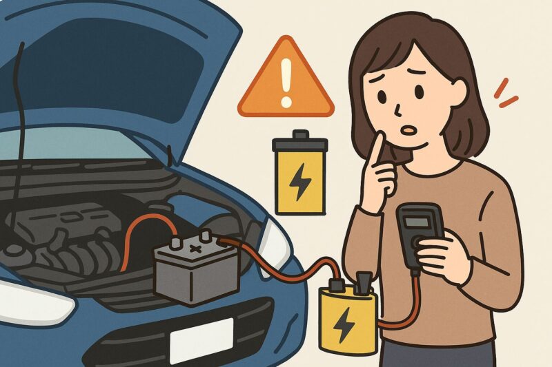 車のエンジンルームでバッテリーと配線を点検し、警告マークを気にする女性のイラストせきゅあまいのーと・イメージ