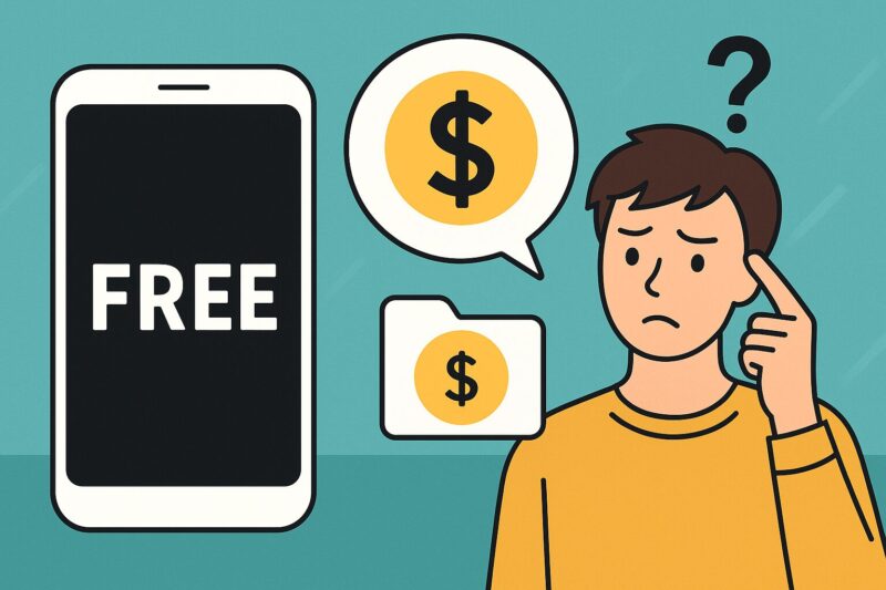 若い男性が困惑した表情でスマートフォンを見ている。背景には「FREE」と表示されたスマホ画面とドル記号が浮かんでいる。