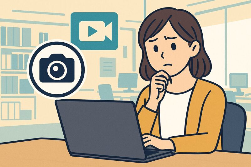 オフィスでノートパソコンを見つめ、不安げな日本人女性会社員の横にカメラとビデオカメラのアイコンが描かれたイラスト風画像