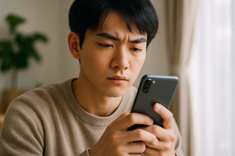 若い日本人男性が真剣な表情でスマートフォンの設定画面を確認している室内シーン。