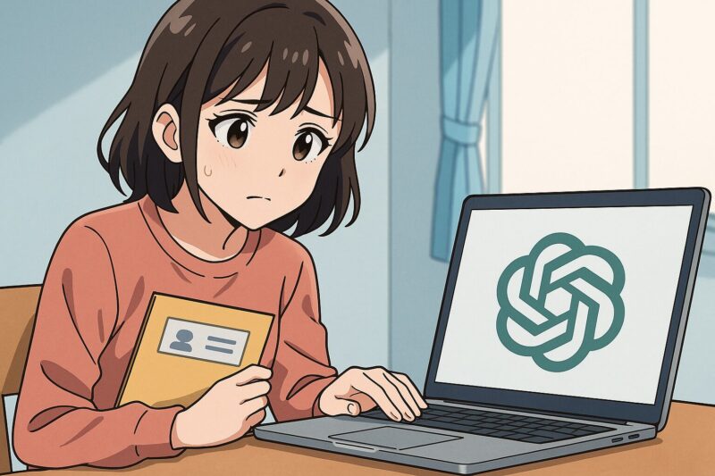 個人情報のファイルを持ちつつ、ノートPC画面を不安そうに見つめる若い女性のアニメ風イラスト