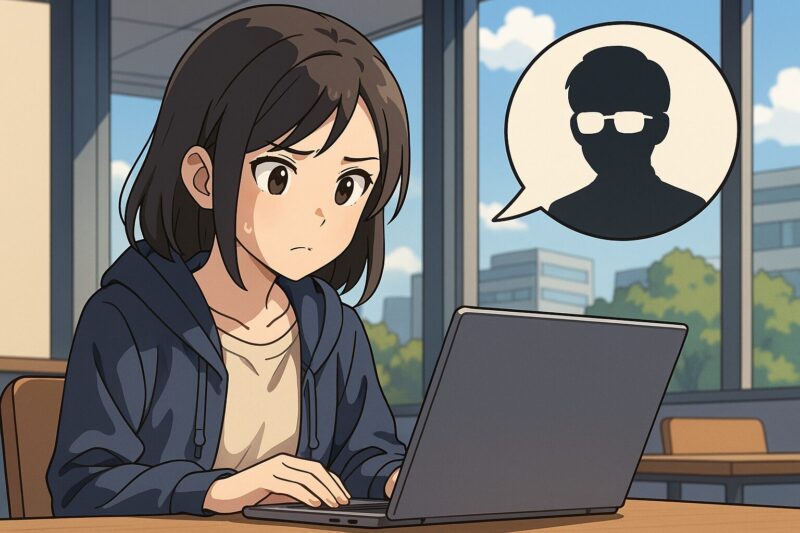 公共スペースでノートパソコンを操作する若い女性と、匿名ユーザーのシルエットが浮かぶアニメ風イラスト