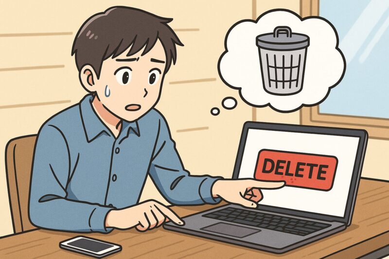 パソコンの「削除」ボタンを不安そうに押す若い男性と、頭上に浮かぶゴミ箱アイコンのアニメ風イラスト