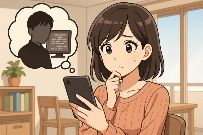 他人に見られていないか不安な表情でスマホを見る女性と、背後に浮かぶ監視のイメージイラスト