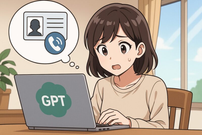 ノートパソコンを操作しながら不安げな表情を見せる若い女性と、個人情報のアイコンが浮かぶ室内のアニメ風イラスト