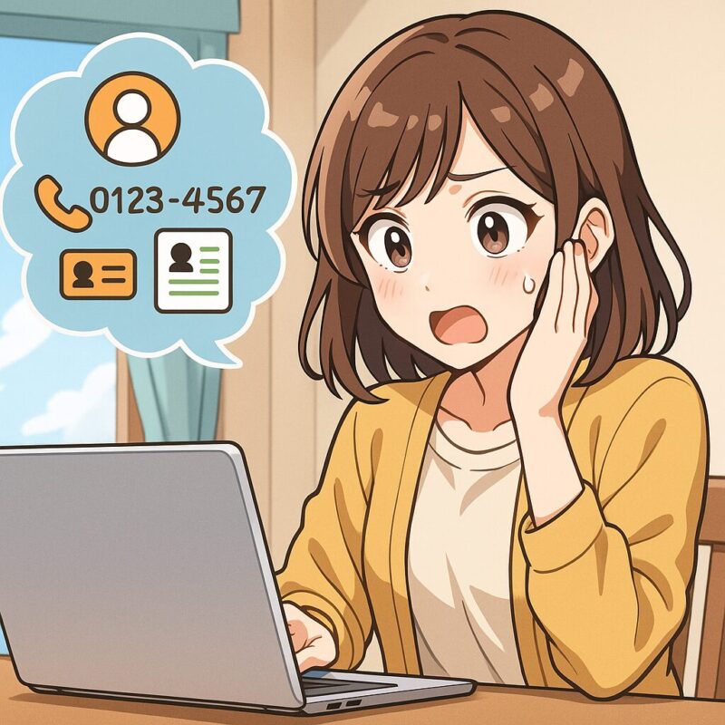 ノートパソコンを見て動揺する若い女性と、個人情報のアイコンが浮かぶイラスト