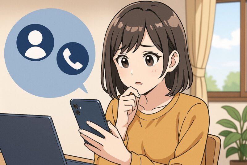 スマホ画面を見つめる女性が不安そうに考え込むアニメ風イラスト。連絡先アイコンが浮かんでいる