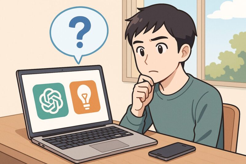 複数アプリを前に悩む男性がノートPCを見つめるアニメ風イラスト。画面には2つの異なるアイコンが並ぶ