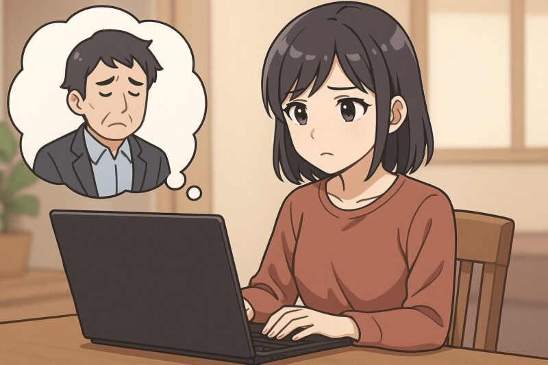 他人の悩みを思い浮かべながらノートPCを操作する若い女性のアニメ風イラスト