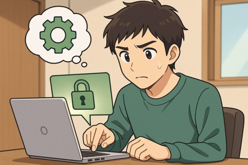 鍵マークと歯車のアイコンが浮かぶノートPCを前に、集中した表情で設定を確認する若い男性のアニメ風イラスト