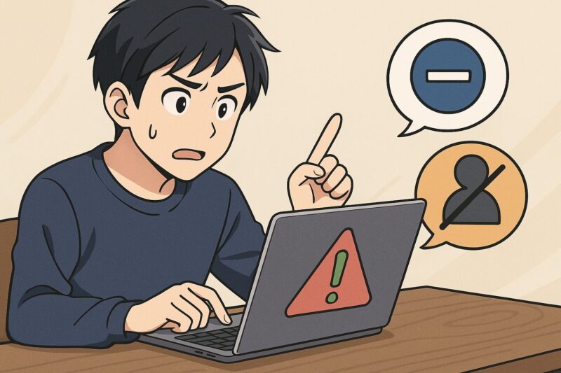 警告アイコンが表示されたノートPCを前に、注意を促すような仕草をする若い男性のアニメ風イラスト