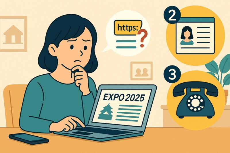 正規販売サイトかどうかを3つのステップで確認しようとする日本人女性のイラスト