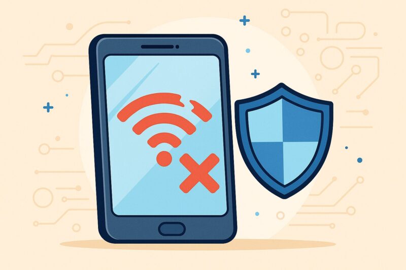 スマートフォンに赤い×印のWi-Fiアイコンと青い盾アイコンが並び、ネット接続問題を示すフラットイラスト