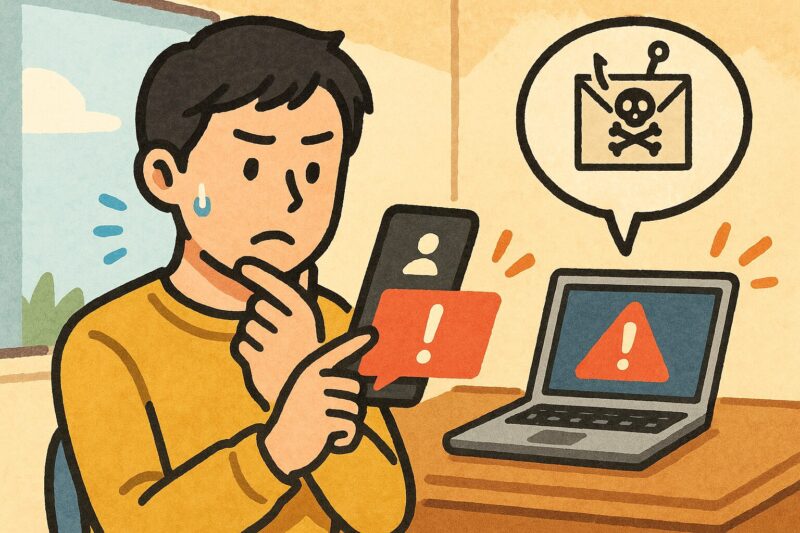 スマートフォンやパソコンの警告メッセージに注意しながら対策を考える若い日本人男性のイラスト