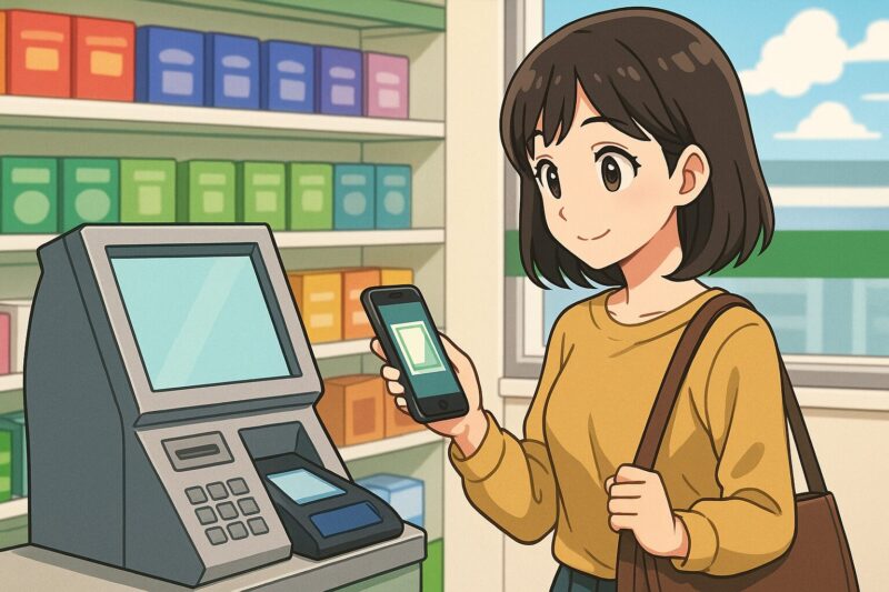 コンビニ端末の前で日本人女性がスマホをかざし、証明書発行のNFC読取を行おうとしているアニメ風イラスト。店内棚が背景