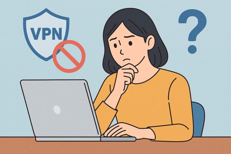 ラップトップを前に考え込む若い日本人女性のイラスト。VPNと禁止マーク、大きな疑問符が背景にあり、国情報エラーの原因と対策をイメージ