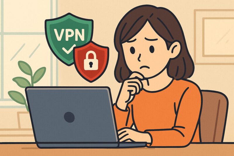 ノートパソコンを前にVPNのオンオフ切り替えに悩む若い日本人女性のイラスト。背景にVPNシールドと鍵アイコンが描かれている。