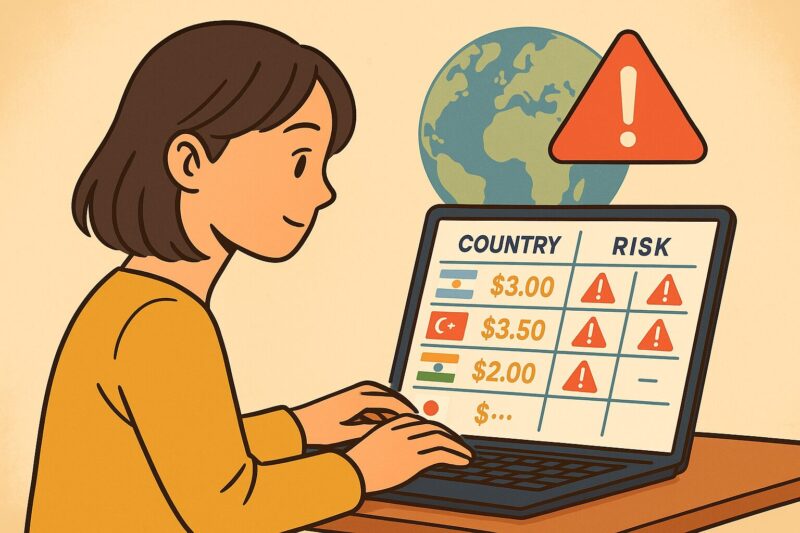 ノートパソコンの画面で国旗と料金表を見比べる若い日本人女性のイラスト。背景に地球儀とリスクマークが描かれ、各国の料金とリスク比較を表現。