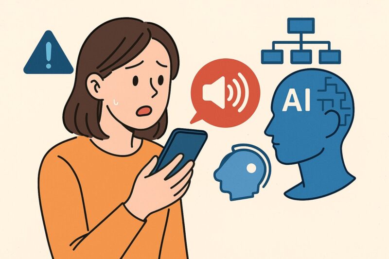 不安そうな女性がスマートフォンを見つめる背景にAIロボットの頭部と音声データのアイコンが配置されており、音声データがAIに悪用されるリスクを示唆している構図