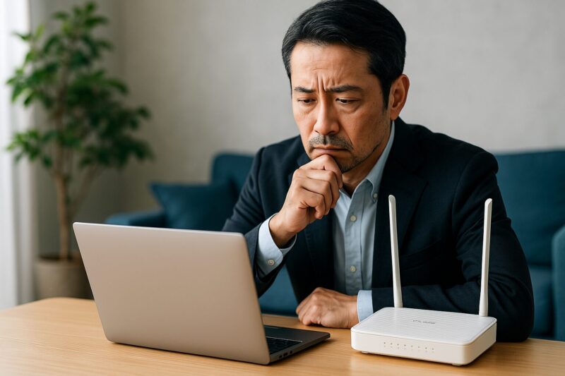 中年の日本人男性がテーブルの上のTP-Linkルーターとノートパソコンを真剣な表情で見つめている。
