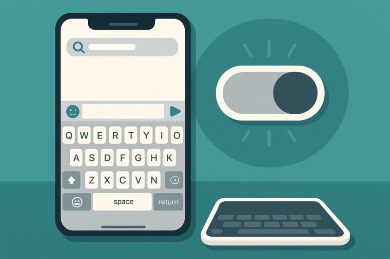 スマートフォンの画面にオフ状態のスイッチが表示され、横にシンプルなQWERTYキーボードが配置されたデジタルイラスト