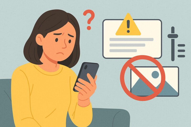 若い女性がスマートフォンの画面を見つめ、不安そうな表情をしている。背景には警告マークや制限された画像のアイコンが表示されている。