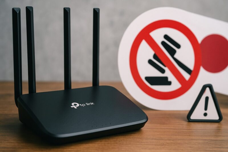 TP-Linkのルーターが木製テーブルに置かれ、横には赤い禁止マークと注意アイコンが配置されており、規制のリスクを暗示している。
