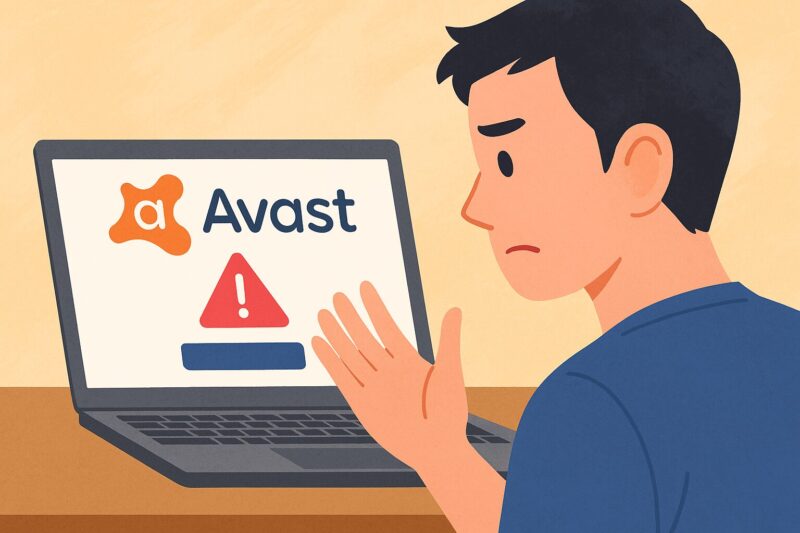 アバストの警告表示を見て不審に思う男性のイラスト