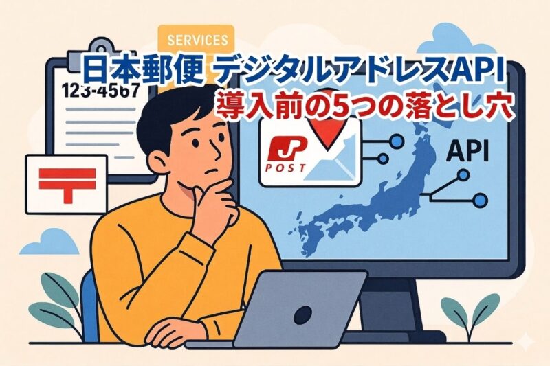 パソコン画面に日本地図とAPIロゴが表示され、郵便番号と郵便マークも描かれたイラスト風デザイン。考え込む若い男性がデジタルアドレスAPIをイメージ